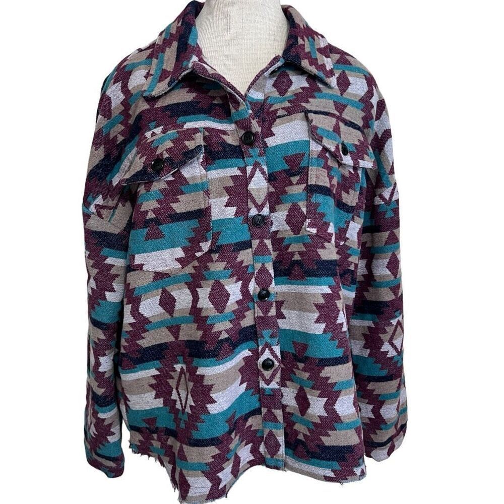 Aztec boho flannel schacket blue burgundy sweater jacket size med oversized
